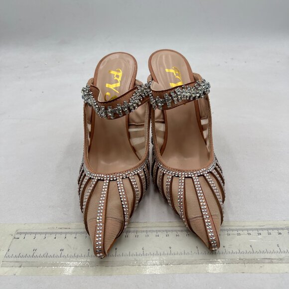FYS Nude Pointed Toe Slip on Mules Rhinestone Studded Stiletto High Heel Sandals - Picture 3 of 8